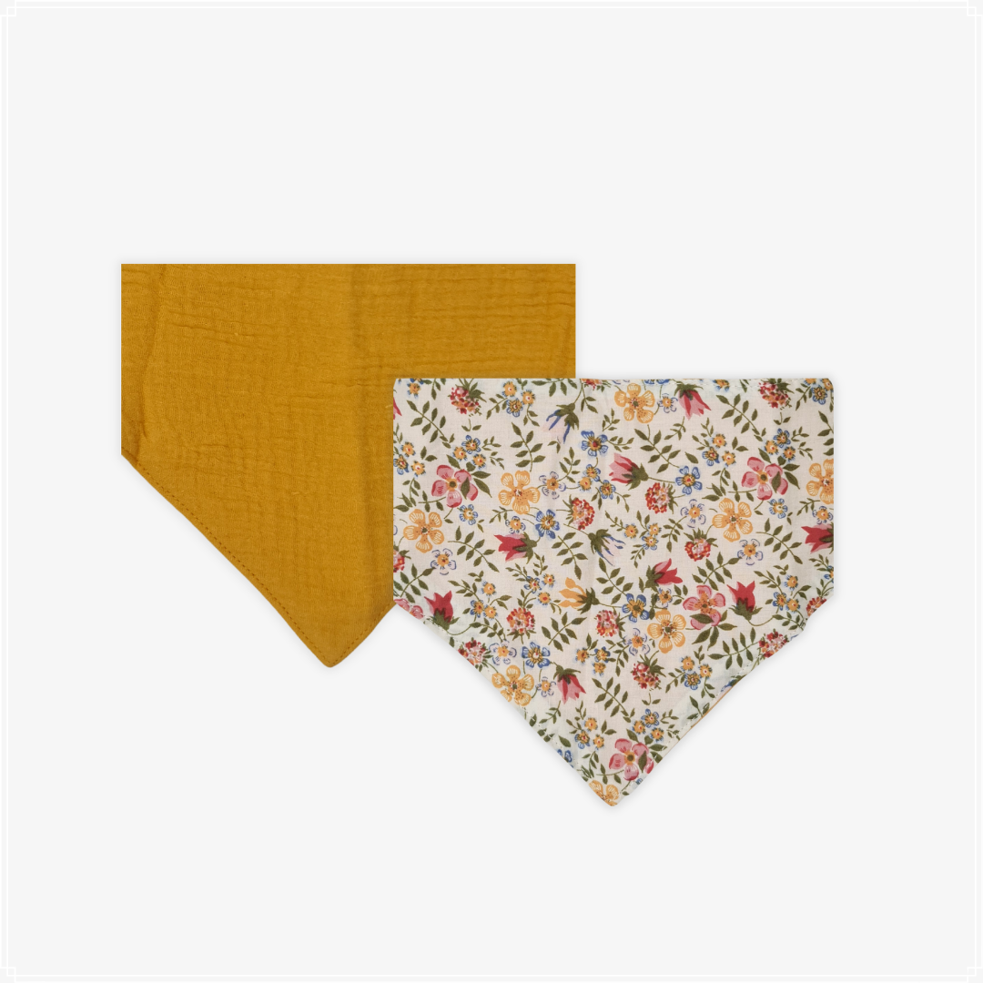 Linen Bandana Bib - Mustard/Floral